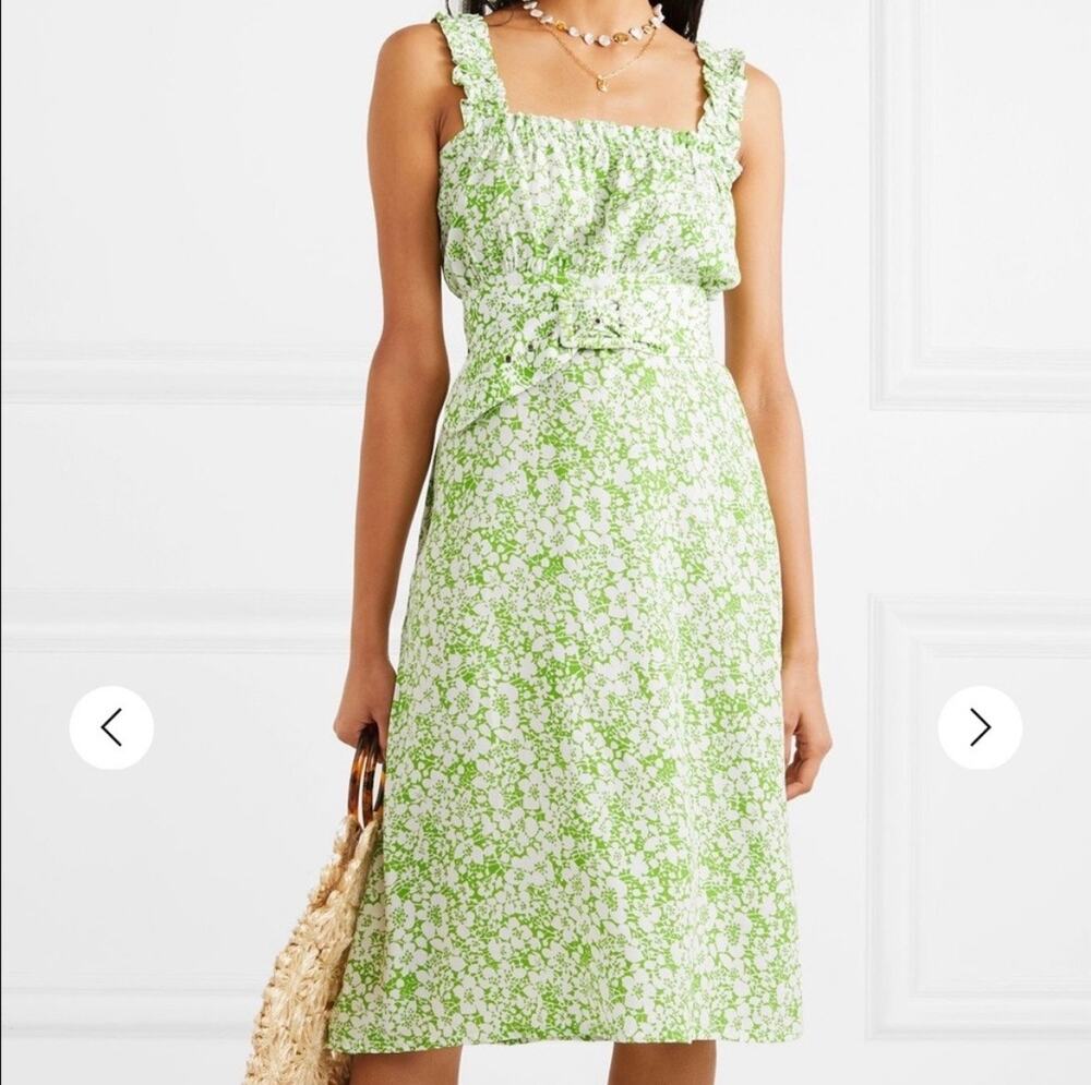 Faithfull The Brand Mae Freya Green Floral Print Belted Square Neck Midi Dress S
